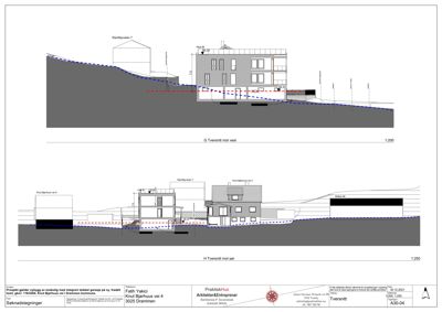 Tverrsnitttegning (snitt) som viser bygningens høyde, grunnmur og forhold til terrenget.