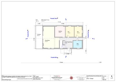 Etasjeplan (1. etasje) som viser romfordeling, arealer og fasaderetninger for en bolig.