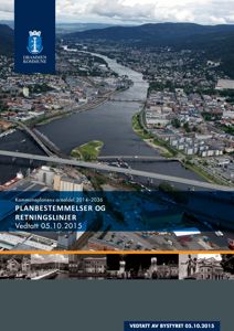 Flyfoto av Drammen kommune med elv og broer, brukt som bakgrunn for et kommunalt dokument.