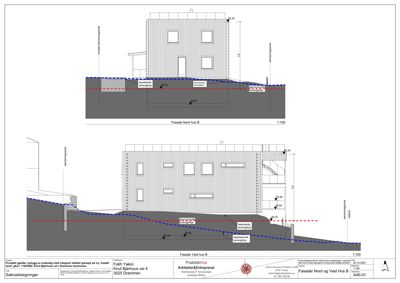Fasadetegning som viser oppriss av bygningens front med høydemål, terrengforhold og vindusoppsett.