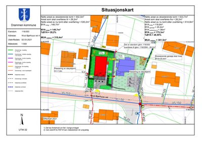 Situasjonskart som viser eiendomsforhold, arealdata, naboeiendommer og planlagt bebyggelse for eiendom 116/353 i Drammen kommune.
