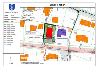 Situasjonskart som viser eiendommen, nabolag, veier og arealdata.