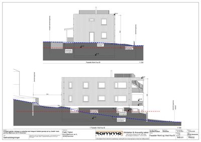 Fasadetegning som viser bygningens utseende sett fra nord og vest, inkludert høydemål, terrengforhold og vindusoppsett.