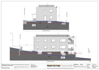 Tegning som viser fasadeoppsettet for to hus (Nord og Vest) med mål, høyder og detaljer om grunnforhold.