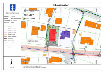 Situasjonskart som viser eiendomsnummer, adresse, arealopplysninger (BYA, MUA), nabolag og vegnett.