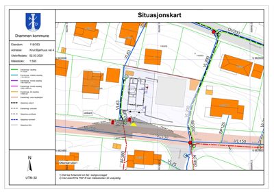Situasjonskart som viser eiendomsforhold, veiavstander og naboeiendommer for eiendommen Knut Bjarhuus vei 4 i Drammen.