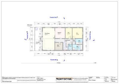 Etasjeplan (2. etasje) med romfordeling, mål og fasadeindikasjoner.
