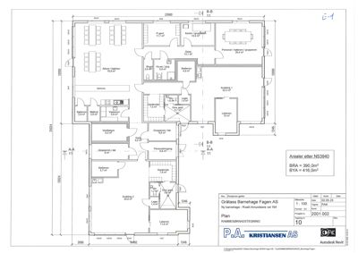 Etasjeplan (rammeinndelingstegning) som viser romfordeling, arealer og dimensjoner for en ny barnehage.