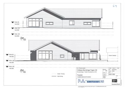 Rammesknadstegning (rammefasadetegning) som viser bygningens fasader sett fra øst og sør med koter.