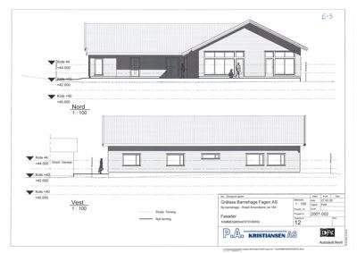Fasadetegning (rammeskisse) som viser bygningens utseende sett fra nord og vest, inkludert koter og orientering.
