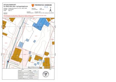 Situasjonskart som viser tomtens grenser, naboeiendommer og bygningsplasseringer.