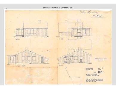 Fasadetegning (opprikk) av en bygning sett fra front og side.