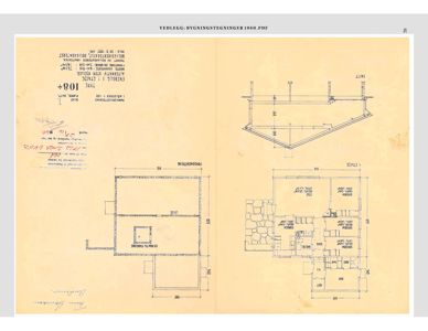 Bildet viser en tegning med etasjeplan (romfordeling) og et snitt av en bygning.
