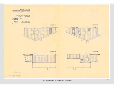 Fasadetegning for en 1-etasers hytte (Type 108) med utsnitt fra fire sider (Nord, Sør, Øst, Vest).