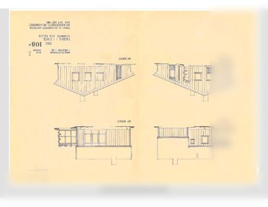 Fasadetegning for en 1-etasers hytte (type 108) med utsnitt mot nordvest, nordøst, sydøst og sydvest.