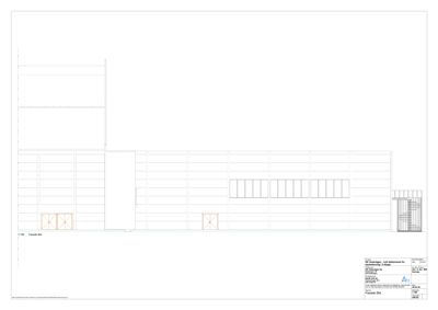 Fasadetegning som viser bygningens utseende sett fra siden (vestre fasade).