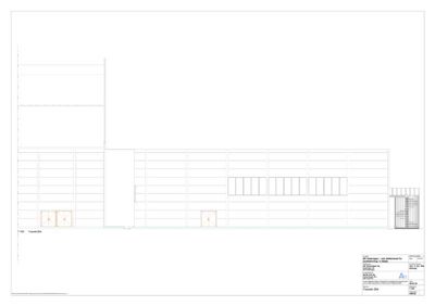 Fasadetegning som viser bygningens utseende sett fra siden (vestre fasade).