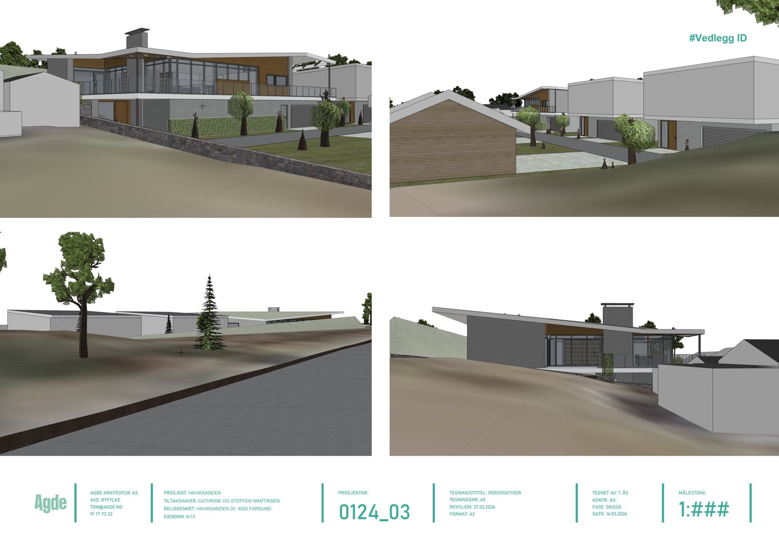 En samling av fire 3D-visualiseringer (renderinger) av et moderne hus sett fra ulike vinkler.