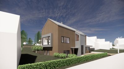 3D-visualisering av en moderne bolig med omgivelser, inkludert nabohus, hekk og landskap.