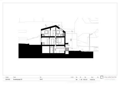 Snittegning (Snitt 2) som viser bygningens tverrsnitt, høyder og romfordeling.