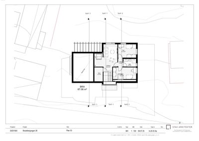 Etasjeplan (Plan 03) som viser romfordeling, stueplaner og arealoppdelinger for en bolig.