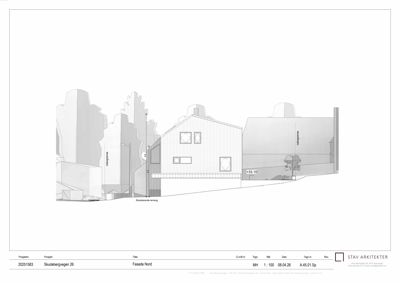 Fasadetegning (opprikk) av en bygning sett fra nord, med angivelse av høyder og eksisterende terreng.