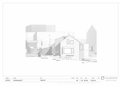 Fasadetegning som viser bygningens utseende fra sør, inkludert vinduer, takform, hekk og nabobygninger.