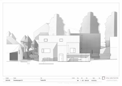 Fasadetegning (Fasade Øst) som viser bygningens ytre utseende, vinduer, dører og høyder.