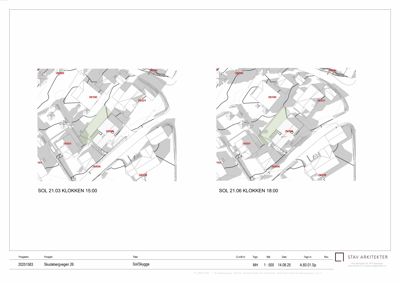 Solas- og skyggeanalyse (sol- og skyggeplan) for to ulike tidspunkt (15:00 og 18:00) på en tomt.