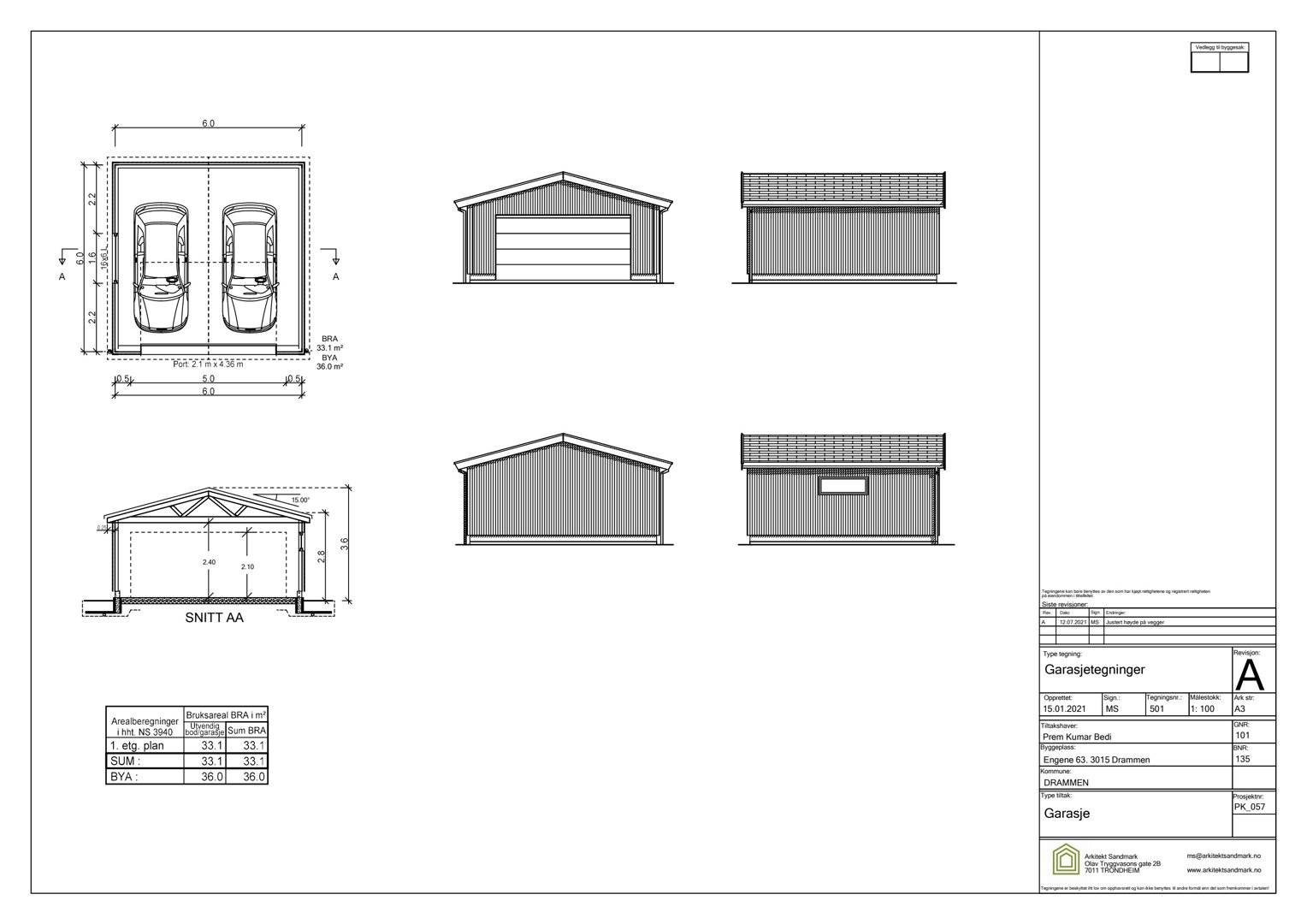 Bildet viser en tegning av en garasje med etasjeplan (topplan) og snittegning (SNITT AA). Det er også inkludert fasadetegninger og målinger.
