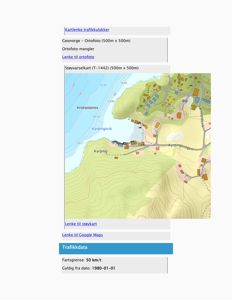 Et digitalt kart (støvarselskart) som viser topografi, veier og bygninger i Kyrping og Krokastanes.