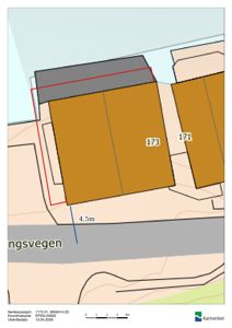 Situasjonsplan som viser tomtens grenser (rødt), nabohus (171, 173), veien (ngsvegen) og en angitt avstand på 4,5m.