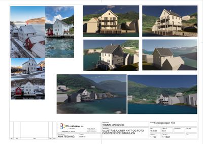 Et arkivblad som inneholder en kombinasjon av eksisterende fotografier (venstre kolonne) og 3D-renderinger (høyre kolonne) av en bygning i en kystmiljø.
