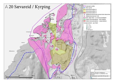 Et kart som viser et kartlagt område med geologiske og geotekniske data, inkludert aktionsområder, fjellblokkeringer og borehull.