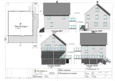 Tegning som viser fasadeoppsett for en bygning sett fra fire sider (Nord, Sør, Øst, Vest).