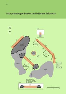 Plantegning som viser plassering og dimensjoner for plassbygde benker ved bålplatsen.