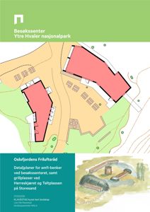 Situasjonsplan som viser to bygninger (Besøkssenter) plassert i forhold til terreng og omgivende arealer i Ytre Hvaler nasjonalpark.