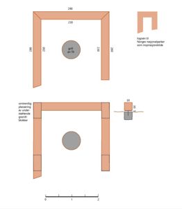 Tegning som viser detaljert plassering og dimensjoner for en grillplassering, inkludert etasjeplan og snitt av fundamentet.