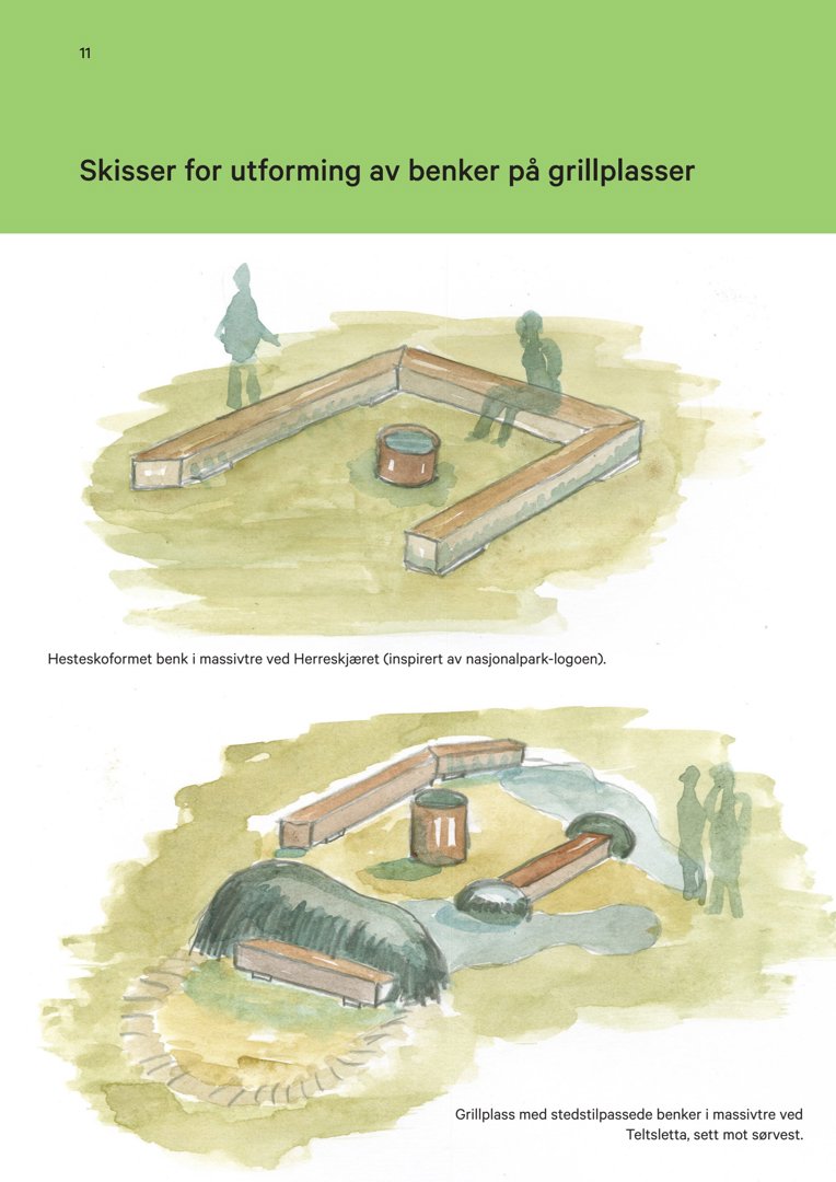 Vannmaleri-skisser som viser konseptuelle utforminger av benker og grillplasser i et parkmiljø.