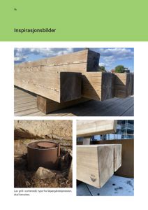 Fotografier av inspirasjonsbilder, inkludert en stor grill i cortenstål og detaljer på trekonstruksjoner.