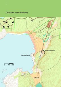 Situasjonsplan som viser topografi, kystlinje, eksisterende bygninger (Herreskjæret, Besøkssenteret) og planlagte tiltak (1-4) i området.