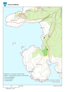 Situasjonskart fra Hvaler kommune som viser tomtens beliggenhet, omgivende infrastruktur og markerte tiltaksplasser (1-3).