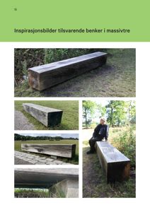 Fotografier av en benk i massivtre, inkludert detaljer og en person som sitter på den.