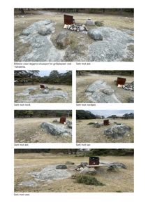 Fotografier som viser dagens situasjon for en grillplass ved Teitsletta, med bilder fra ulike vinkler (øst, nord, nordøst, sør, vest).