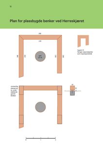 Tegning som viser detaljert plan for plassbygde benker med mål og en inspirasjonskilde (logo).