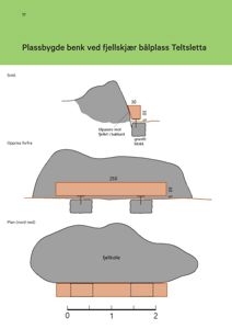 Tegning som viser detaljert utforming av en plassbygd benk ved fjellsjærbålplass, inkludert snitt, oppriss og plan.