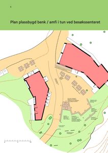 Situasjonsplan som viser plassering av benker, amfi og andre utemøbler i forhold til bygninger og terreng.