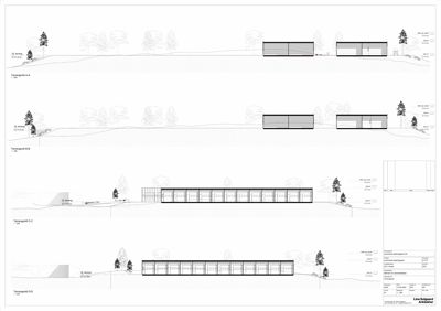 Snittegning (Tverrsnitt) som viser bygningens høydeprofil i forhold til terrenget og omgivelsene.