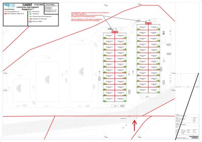 Etasjeplan for byggetrinn 1 av Lammenes Næringspark som viser romfordeling, vegger og brannskillelinjer.
