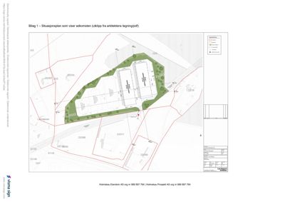 Situasjonsplan som viser adkomstplan og bygningers plassering på tomten.